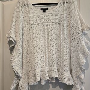 INC International Concepts White Openwork Ruffle-Hem Poncho Sweater